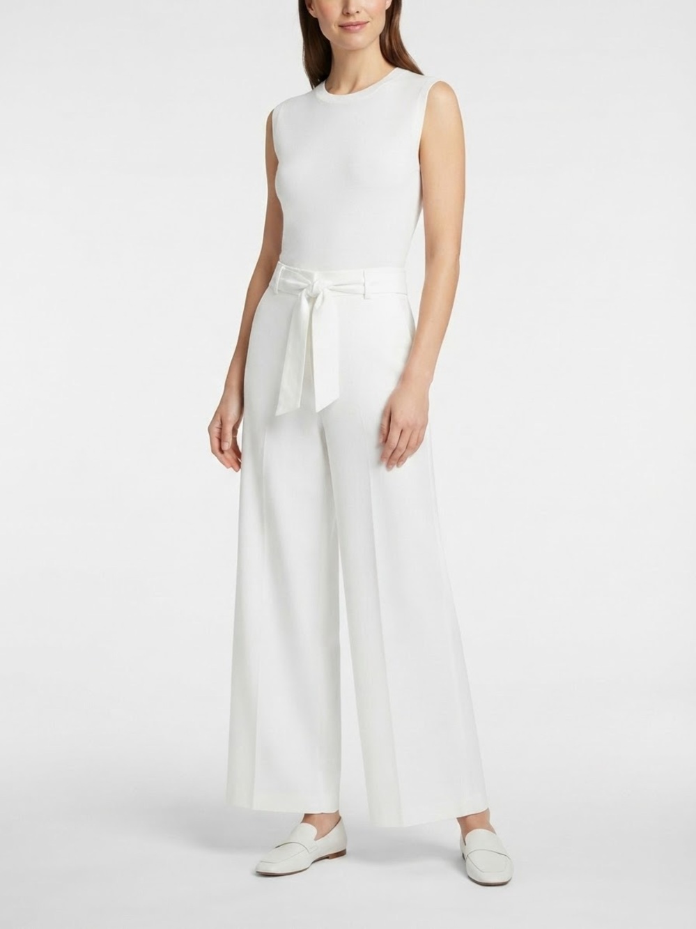 Carole Wren White Wide Leg Dress Pants Trousers Self Tie Belt Size 8 NWT